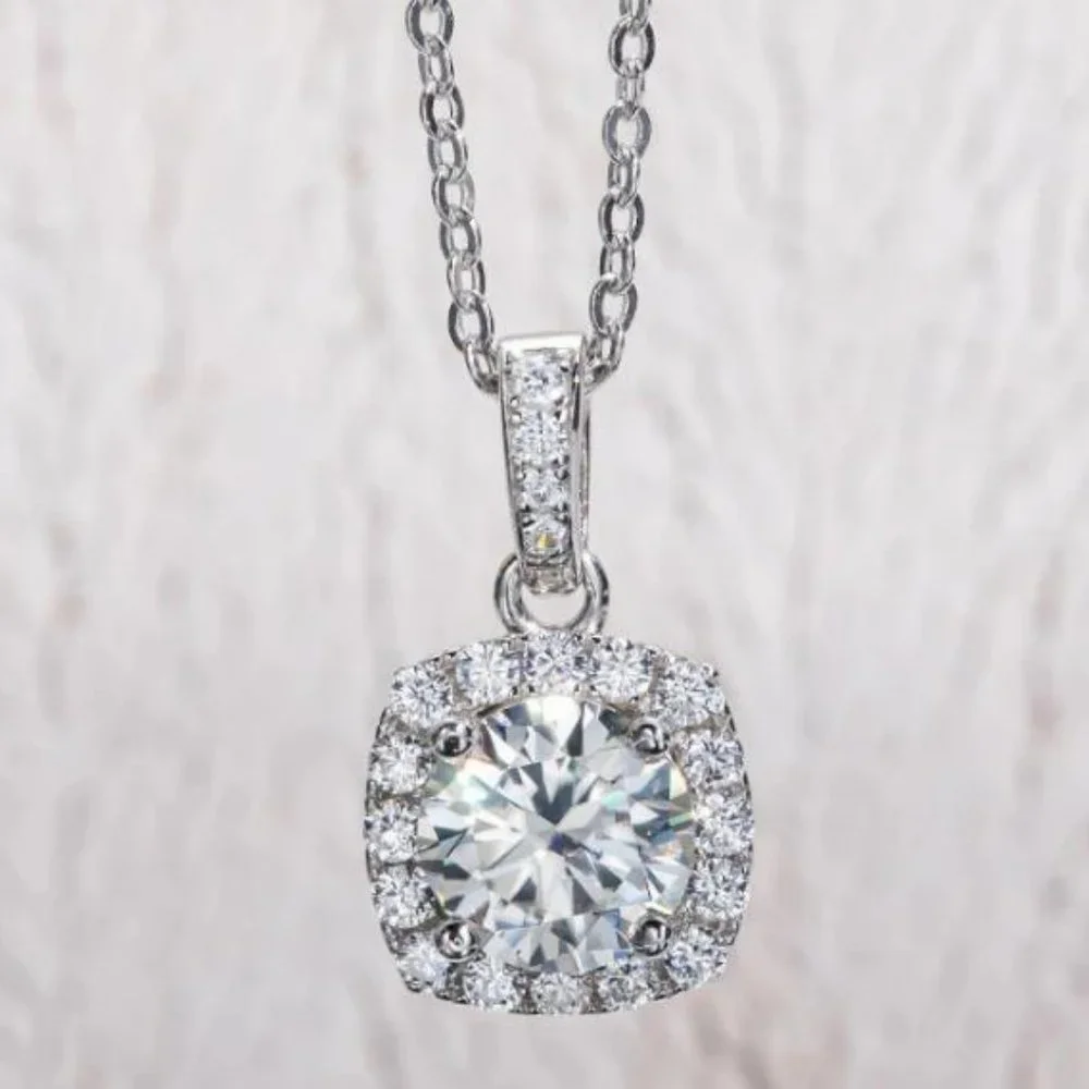 Certified 1ct. t.w. Moissanite Diamond Square Halo Pendant Necklace NEW